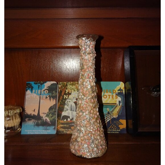 Vintage Florida Souvenir Tiny Shells Encrusted Covered Flower Glass Vase glitter - Picture 11 of 14